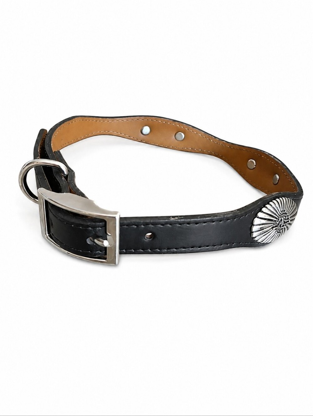 TEXAS LEATHER MFG Black Concho Western Leather Dog Collar NWOT